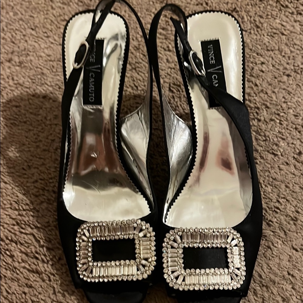 Vince Camuto Cocktail Holiday Black Slingback Heels Diamond rhinestone size 7.5